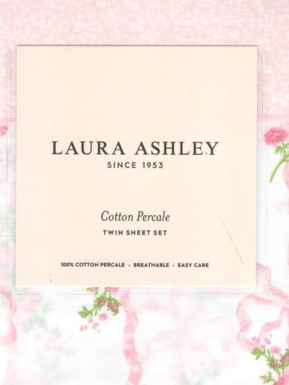 Laura Ashley Floral Ribbon Stripe Pink Twin 3 Pc Cotton Percale Sheet Set NWT